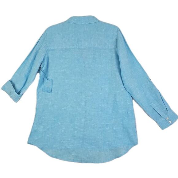 Sigrid Olsen~Woman Size~M~Linen Shirt Long Sleeve Roll Tab Blue Beachy Lagenlook - Picture 3 of 16